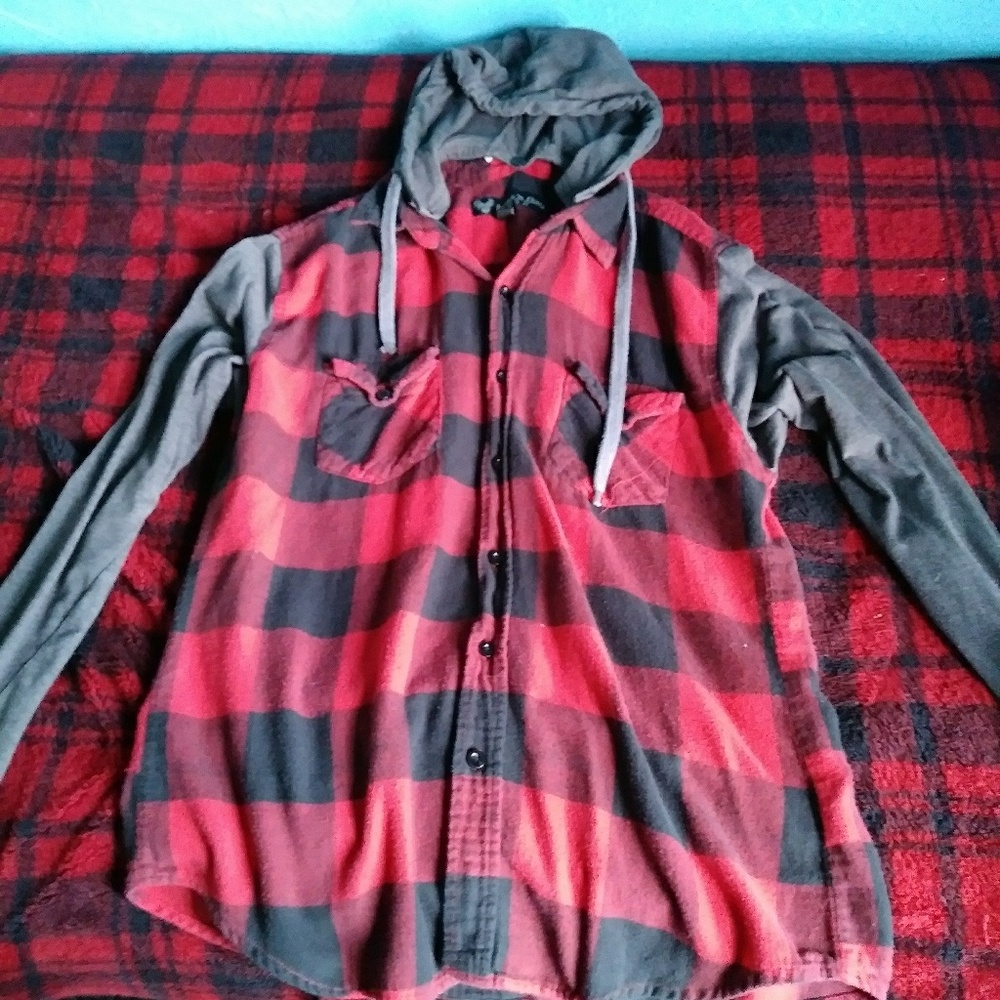 A red hooded flannel